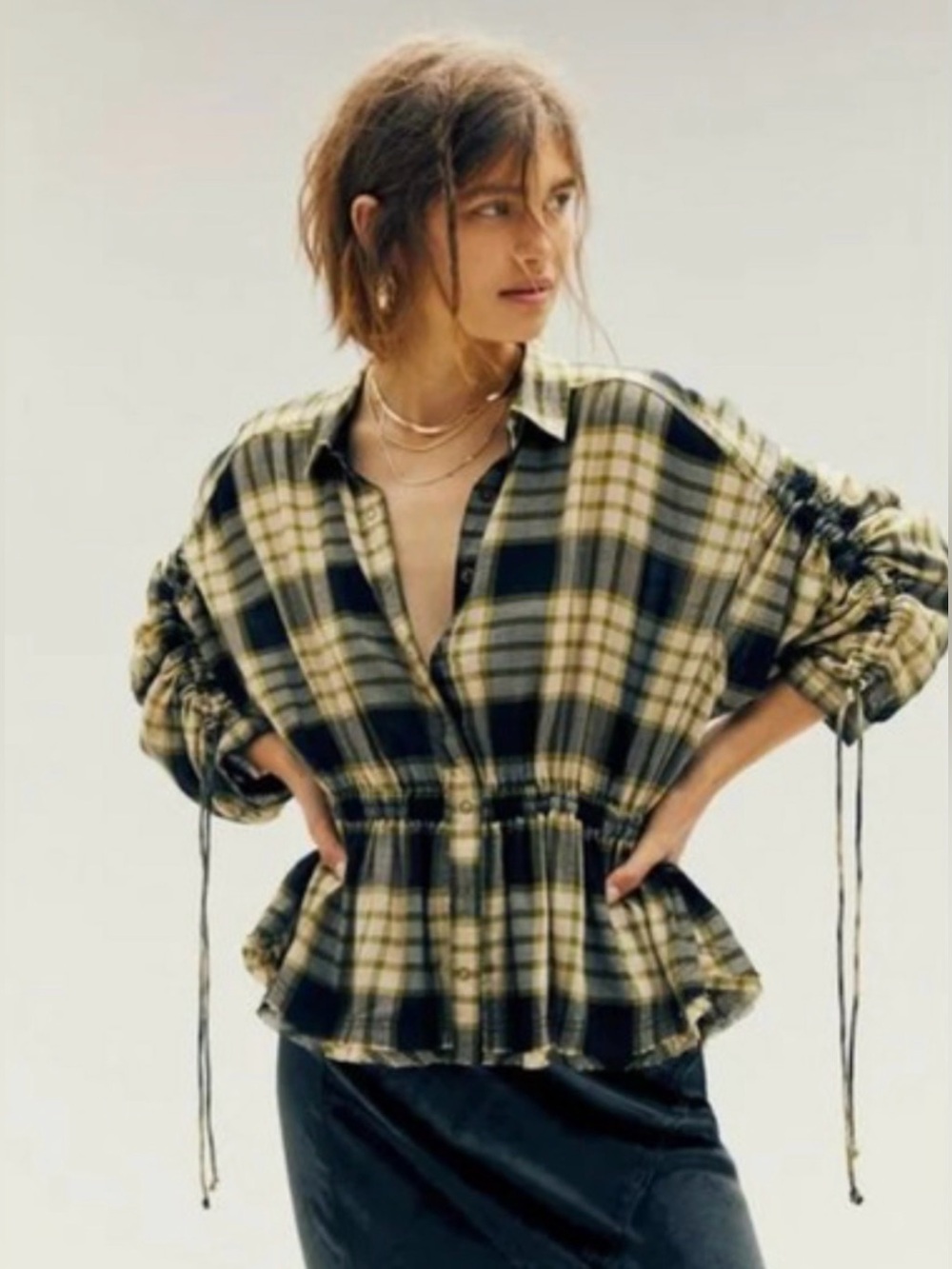 We The Free Plaid Button-Front Peplum Shirt Jacket in Olive and Black